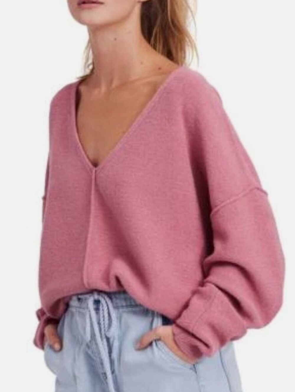 100% Cashmere Free People Take Me Places Pullover V-Neck Relaxed Knit Sweater